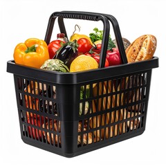 Full shopping basket of diverse produce, black plastic