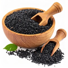 Bowl filled with black seeds and wooden scoops on white