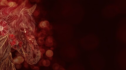 Elegant floral horse illustration on a deep red background, providing a vibrant and artistic decorative element for various design projects and publications.