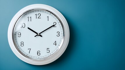Blue wall clock with visible numbers timepiece on blue background clearly displaying numbers