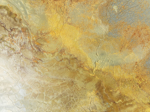 Aerial view of swirling, ochre-stained earth reveals the dramatic textures and mineral-rich landscapes of Minas de Riotinto, Andalusia, Spain.