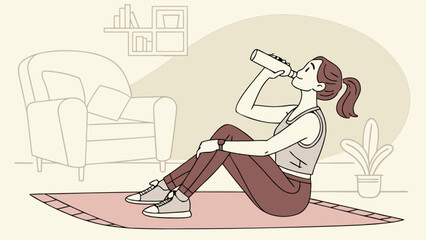 Illustration of woman drinking water after workout routine at home for healthy lifestyle