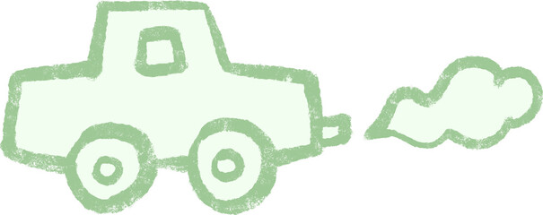 Hand Drawn Pastel Green Car Icon with Exhaust Smoke – Eco Doodle Transportation Illustration for Kids and Environmental Clipart