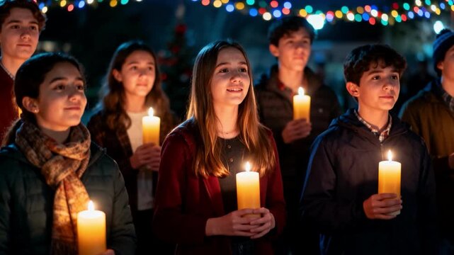 Teens singing carols with glowing candles at night under holiday lights, community choir performance in winter for Christmas tradition and festive celebration outdoors