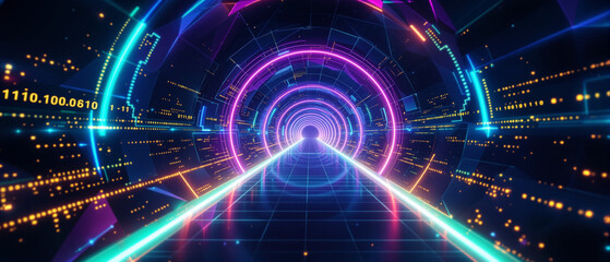 Obraz premium Neon glowing cyber data tunnel with futuristic digital visualization