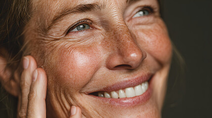 happy smiling pretty shy 50s middle aged woman laughing cheerful mature lady touching healthy soft face skin anti age healthy skincare treatment and cosmetic ads face close up view portrait no logos