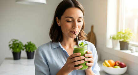 Woman enjoying a vibrant green smoothie in her sunlit kitchen promoting wellness and healthy eating habits with fresh ingredients