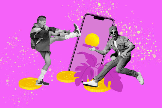 Image trendy art banner collage of two happy businessman businesswoman stand tablet bitcoin coin income golden penny success - Powered by Adobe