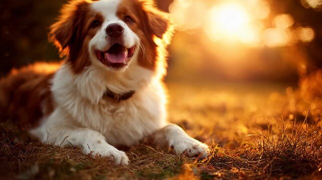 Luxurious two story house with landscaped yard concept. A dog rests peacefully in a sunlit garden, surrounded by golden grass.