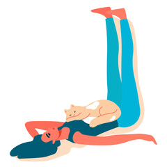 Woman and her cat are relaxing comfortably together. Trendy vector isolated on transparent background.