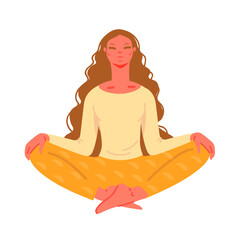 Young woman doing yoga, meditating in lotus pose. Calm and relax woman. Trendy vector isolated on transparent background.