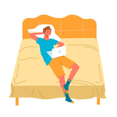 Relaxed freelancer guy lying on bed with laptop. Trendy vector isolated on transparent background. Male working remotely from bedroom
