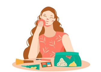 Young woman applying makeup with a sponge, in front of her are various cosmetic products, including mascara, eyeshadow, and brushes. Trendy vector isolated on transparent background.
