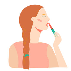 A woman applying lipstick in a contemporary illustration, showcasing elegance and chic fashion. Trendy vector isolated on transparent background.