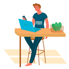 Young man working on laptop computer at his home office working desk. Trendy vector isolated on transparent background.