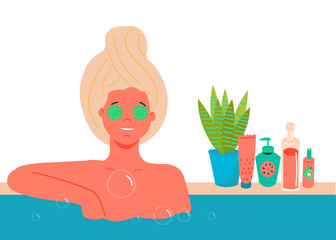 Woman relaxing in the bathtub with cucumber slices on her eyes. Relaxing Spa Day at Home or salon. Trendy vector isolated on transparent background.
