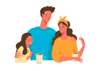 A beautiful scene of family bonding and happiness over coffee in a cozy setting together. Trendy vector isolated on transparent background.