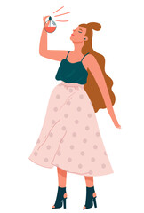 A cute woman or girl sprays perfume on herself and enjoys the scent. Trendy vector isolated on transparent background.