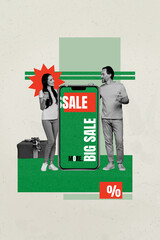 Sketch image art pop trend collage of two happy girl guy stand big phone sale consumerism order present box percent retail