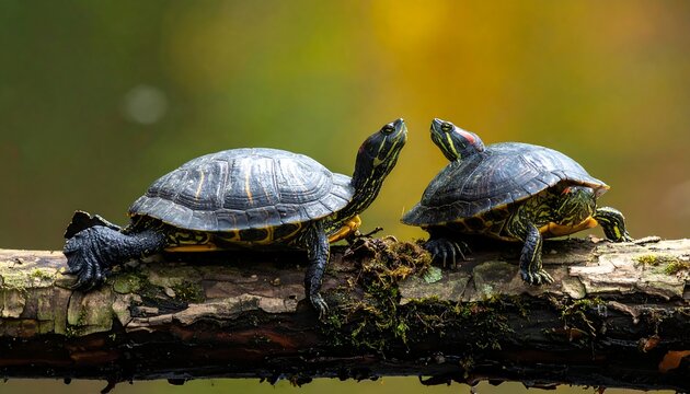 Two small turtles on a log, facing each other