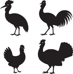 Collection of four black silhouettes of different birds including a rooster, hen, turkey, and another bird on a white background