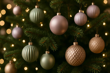 Naklejka premium A close-up of a Christmas tree. There are Christmas balls in pastel colors on the lush green branches. Some decorations are textured, others are made of clear glass.