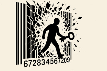 Obraz premium Escape from System Control – Man Breaking Barcode with Key of Freedom