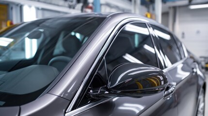 A High Resolution image of close up of a modern car in a factory during the assembly process.