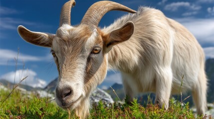 Fototapeta premium Close-Up of a Brown and White Goat Grazing Amidst Green Grass Under a Clear Blue Sky in a Serene Mountain Landscape