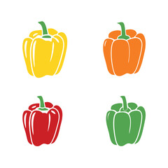 Four colorful bell peppers yellow orange red green isolated on white capsicum vegetable