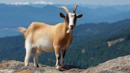 Obraz premium Portrait of a Goat on a Rocky Outcrop with Mountains and Blue Sky in the Background, Capturing the Beauty of Nature and Wildlife in the Great Outdoors