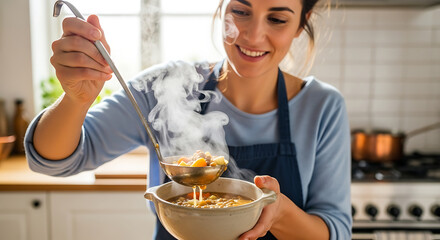 Woman serving hot homemade soup in a kitchen Warm delicious and comforting meal to share with loved ones on a cold day