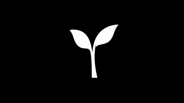 Minimalist white plant sprout icon on a stark black background, symbolizing growth, nature, sustainability, and fresh beginnings.