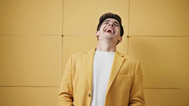 Lachender Mann vor gelbem Hintergrund &ndash; Freude & Optimismus
