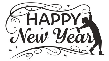 Happy New Year black vector brush calligraphy lettering with decorative flourishes and a silhouette of a person. Hand drawn typography design for holiday greeting cards, party invitations, or winter c