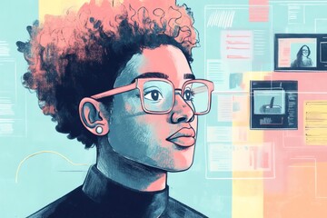 Young woman engaging with virtual screens displaying data and video calls, representing online learning or remote mentorship