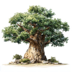 Realistic baobab tree with thick trunk isolated lush green foliage majestic nature element