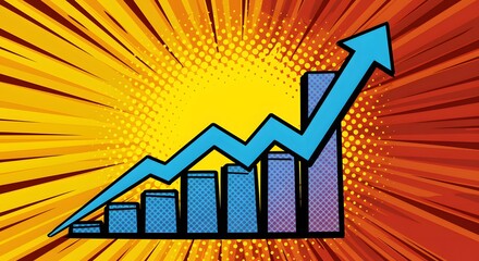 Vibrant comic-style financial chart showcasing powerful market growth and positive economic trajectory, with an upward bar graph and dynamic arrow