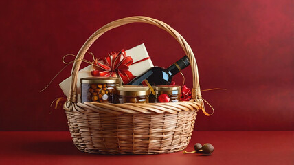 Gift basket on maroon background