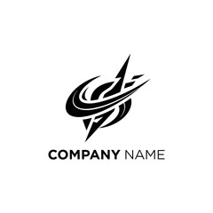 Abstract Black and White Logo Design with Swirling Shapes and Lightning Bolt.