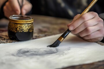 Fototapeta premium Artist's hand holding a wide brush, dipping into an intricately decorated ink jar, creating an artwork on paper