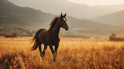 Majestic brown horse standing on golden grassland against a backdrop of rolling hills and a serene sunset, showcasing nature's beauty and tranquility