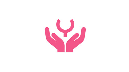 Obraz premium Pink hands holding a stylized female gender symbol, representing women's rights, empowerment, support, and care for gender equality.