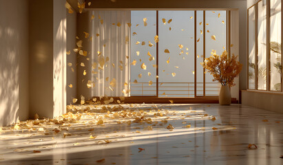 Empty brown golden room studio with shadow of leaves for product presentation. Autumn background. Summer tropical backdrop. Cosmetic showroom.