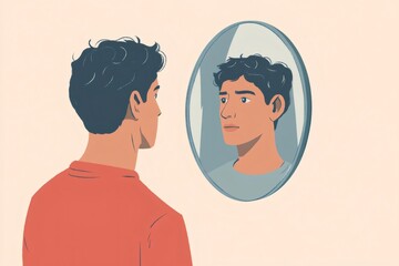 Obraz premium Young man standing, observing his reflection in a mirror, experiencing introspection and contemplation about his identity and self image