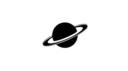 Minimalist black planet icon with prominent rings on a clean white background, representing space, astronomy, or cosmos.