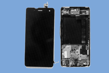 close up of broken hardware component LCD screen smartphone pixelate grayscale color halftone dotted texture style collage element isolated on blue background