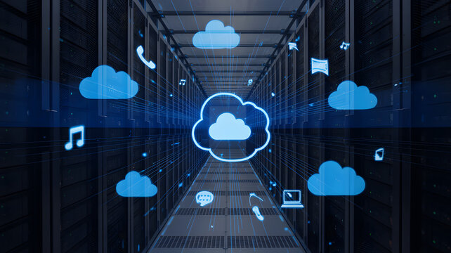 Server room with cloud computing and digital icons overlay