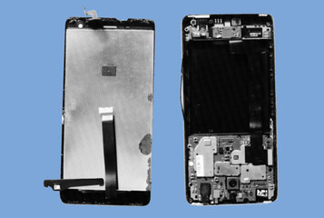 close up of broken LCD screen hardware component smartphone pixelate grayscale color halftone dotted texture style collage element isolated on blue background