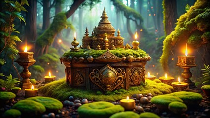Obraz premium Enchanted Forest Altar: 4K Golden Artifact & Bioluminescent Mushrooms